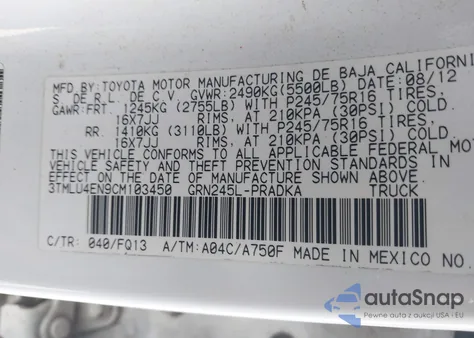 2012 Toyota Tacoma Base V6 z USA, uszkodzony, nr VIN 3TMLU4EN9CM103450